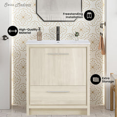 Freestanding Bathroom Vanity, Virage, 30 Inch with Ceramic Top in White Oak