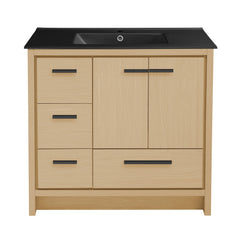 Freestanding Bathroom Vanity, Virage, 36 In with Black Ceramic Sink Top in Brown Oak