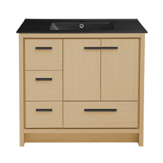 Freestanding Bathroom Vanity, Virage, 36 In with Black Ceramic Sink Top in Brown Oak