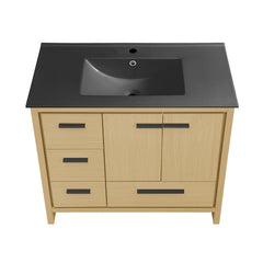 Freestanding Bathroom Vanity, Virage, 36 In with Black Ceramic Sink Top in Brown Oak