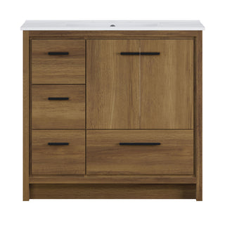 Freestanding Bathroom Vanity, Virage, 36 in with Ceramic Top in Brown Oak