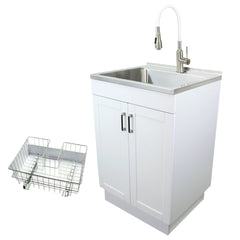 Freestanding Laundry Sink With Faucet, Single Basin, Stainless Steel, White