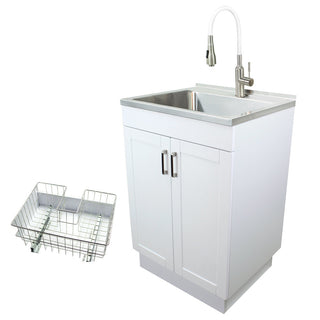 Freestanding Laundry Sink With Faucet, Single Basin, Stainless Steel, White