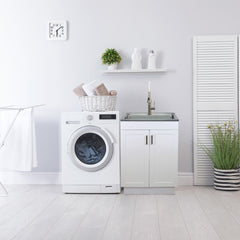Freestanding Laundry Sink With Faucet, Single Basin, Stainless Steel, White