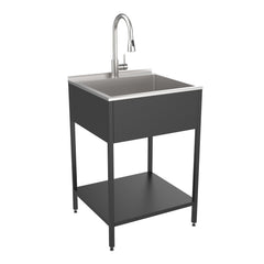 Freestanding Laundry Sink with Faucet, Stainless Steel, 24 In, Matte Black