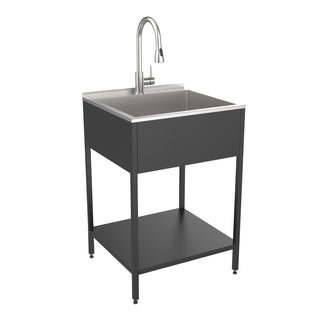 Freestanding Laundry Sink with Faucet, Stainless Steel, 24 In, Matte Black