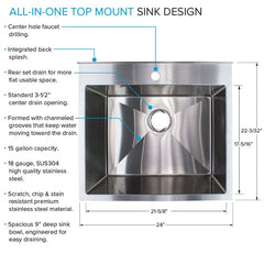 Freestanding Laundry Sink with Faucet, Stainless Steel, 24 In, Matte Black