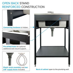 Freestanding Laundry Sink with Faucet, Stainless Steel, 24 In, Matte Black
