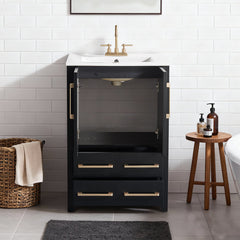 Freestanding Single Vanity with Drop-In Sink, Black Base and White Top