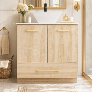 Freestanding Single Vanity with White Vessel Sink in Beige and Gold