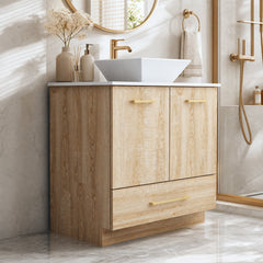 Freestanding Single Vanity with White Vessel Sink in Beige and Gold