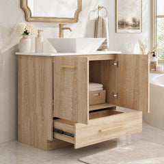 Freestanding Single Vanity with White Vessel Sink in Beige and Gold