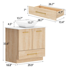 Freestanding Single Vanity with White Vessel Sink in Beige and Gold