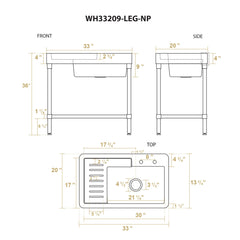 Freestanding Utility Sink, Single Bowl, Drainboard, Stainless Steel, 33 Inch