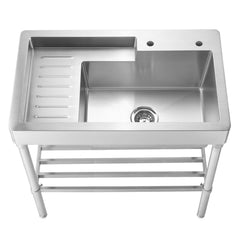 Freestanding Utility Sink, Single Bowl, Drainboard, Stainless Steel, 33 Inch