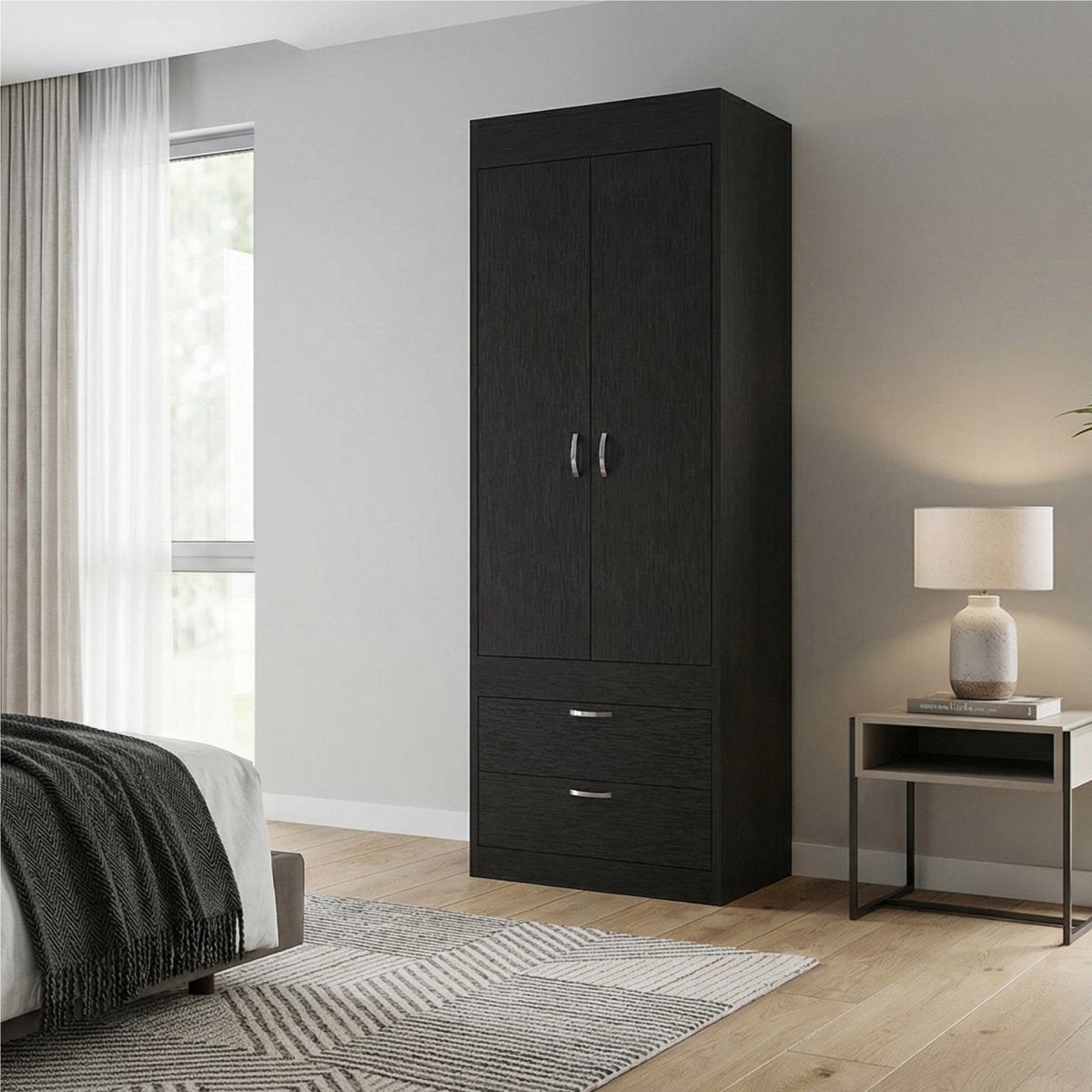 Freestanding Wardrobe with 2 Hinged Doors and 2 Drawers in Engineered Wood