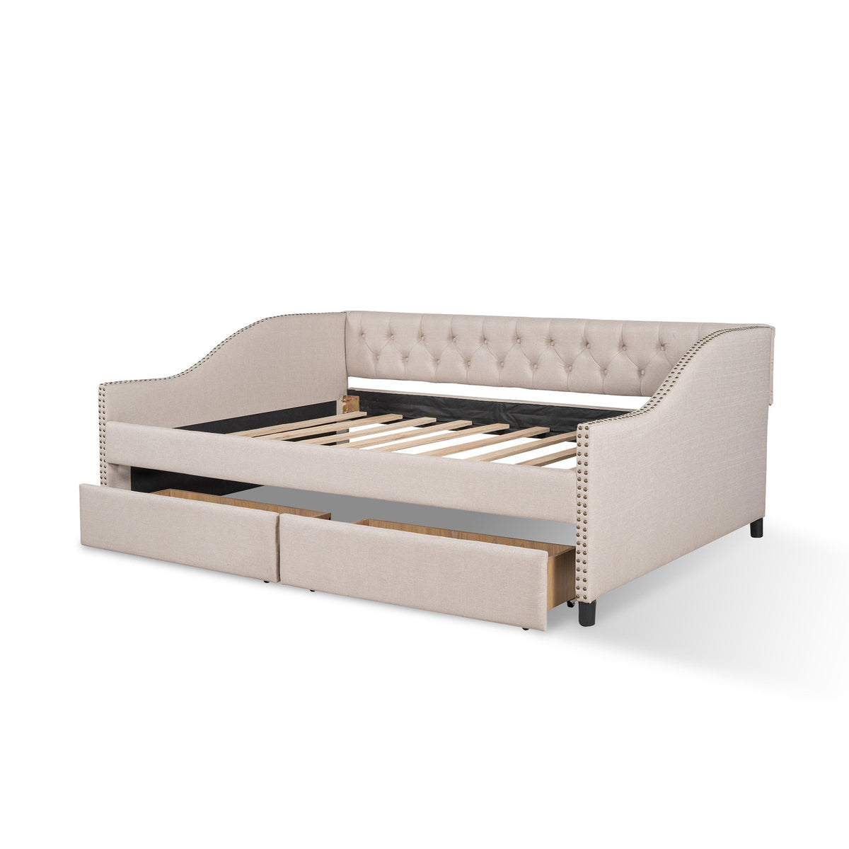 Full Daybed with Storage Drawers, Beige Fabric, Diamond-Tufted Backrest