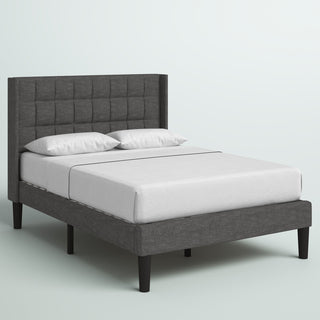 Full Platform Bed with Wingback Headboard in Gray Polyester
