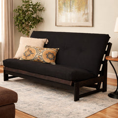 Full-Size Futon and Mattress in Black Microsuede with Mocha Wood Frame