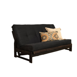 Full-Size Futon and Mattress in Black Microsuede with Mocha Wood Frame