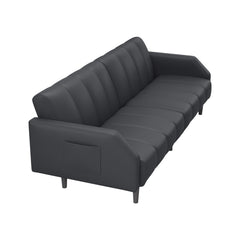 Futon Sofa Bed, Gray Faux Leather, Black Metal Legs, Adjustable Backrest