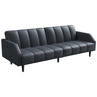 Futon Sofa Bed, Gray Faux Leather, Black Metal Legs, Adjustable Backrest