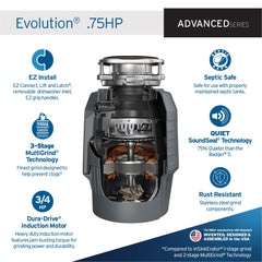Garbage Disposal, Advanced Series, Continuous Feed, 3/4 HP, Stainless Steel