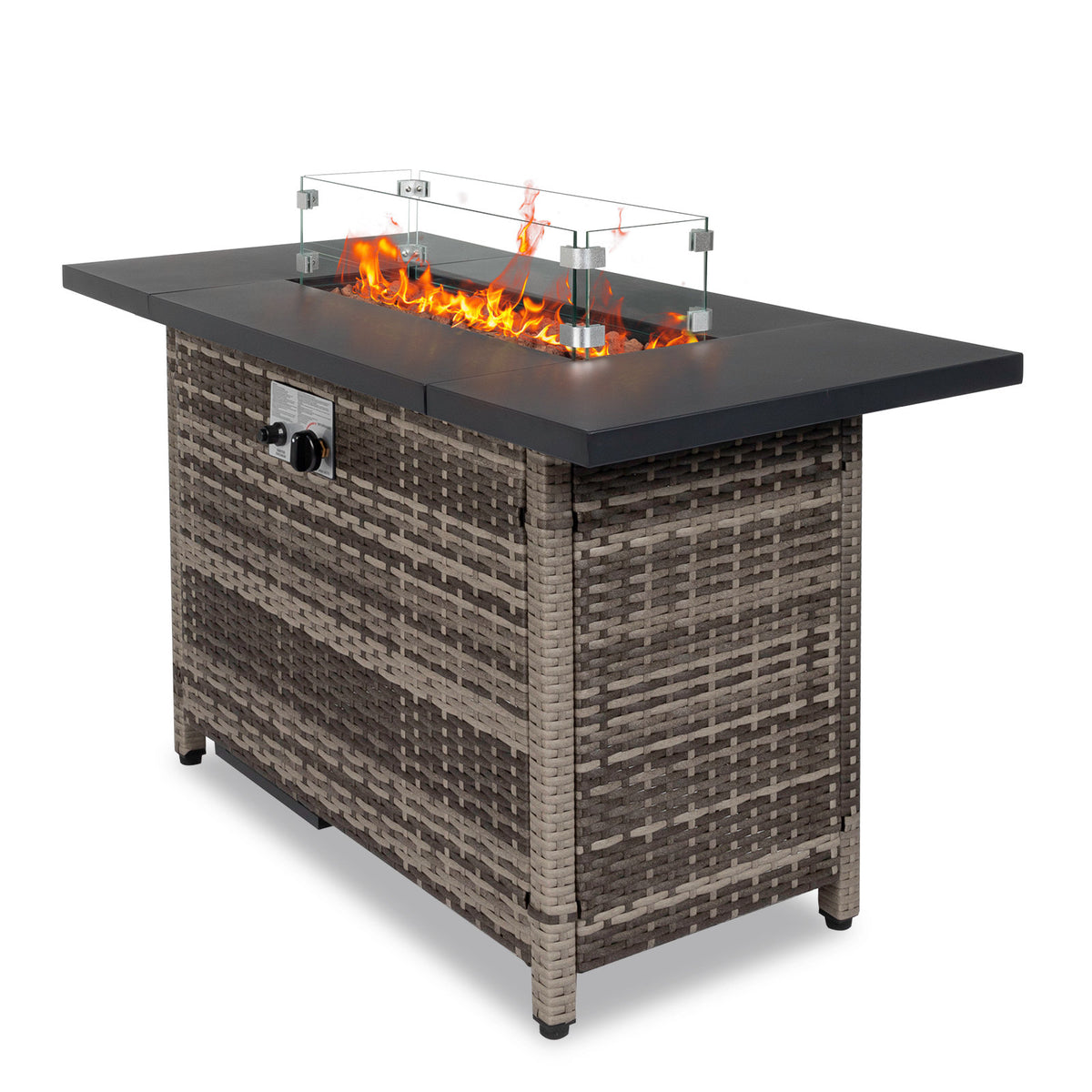 Gas Fire Pit Table, 50,000 BTU Steel with Glass Shield in Rattan
