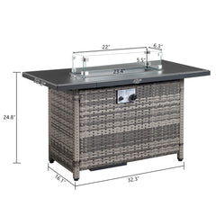 Gas Fire Pit Table, 50,000 BTU Steel with Glass Shield in Rattan
