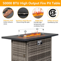 Gas Fire Pit Table, 50,000 BTU Steel with Glass Shield in Rattan