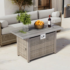 Gas Fire Pit Table, Rectangular Steel with Wicker Side Panels in Light Brown