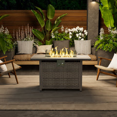 Gas Fire Pit Table, Rectangular Steel with Wicker Side Panels in Light Brown
