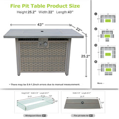 Gas Fire Pit Table, Rectangular Steel with Wicker Side Panels in Light Brown