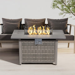 Gas Fire Pit Table, Rectangular Steel with Wicker Side Panels in Light Brown