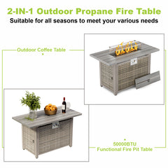 Gas Fire Pit Table, Rectangular Steel with Wicker Side Panels in Light Brown