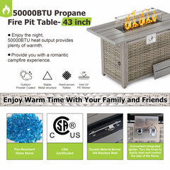 Gas Fire Pit Table, Rectangular Steel with Wicker Side Panels in Light Brown