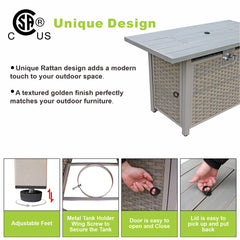 Gas Fire Pit Table, Rectangular Steel with Wicker Side Panels in Light Brown