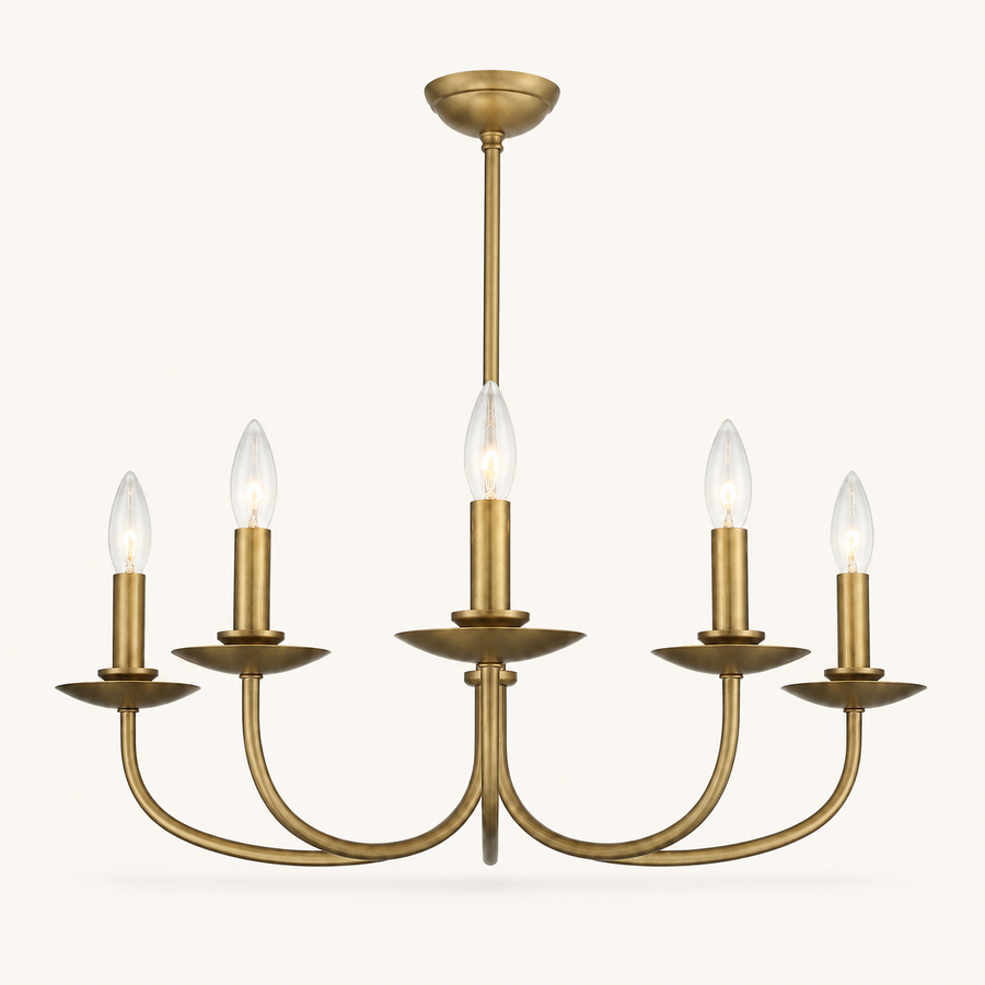 Front | studio front of the five curved brass arms and candle-style bulbs