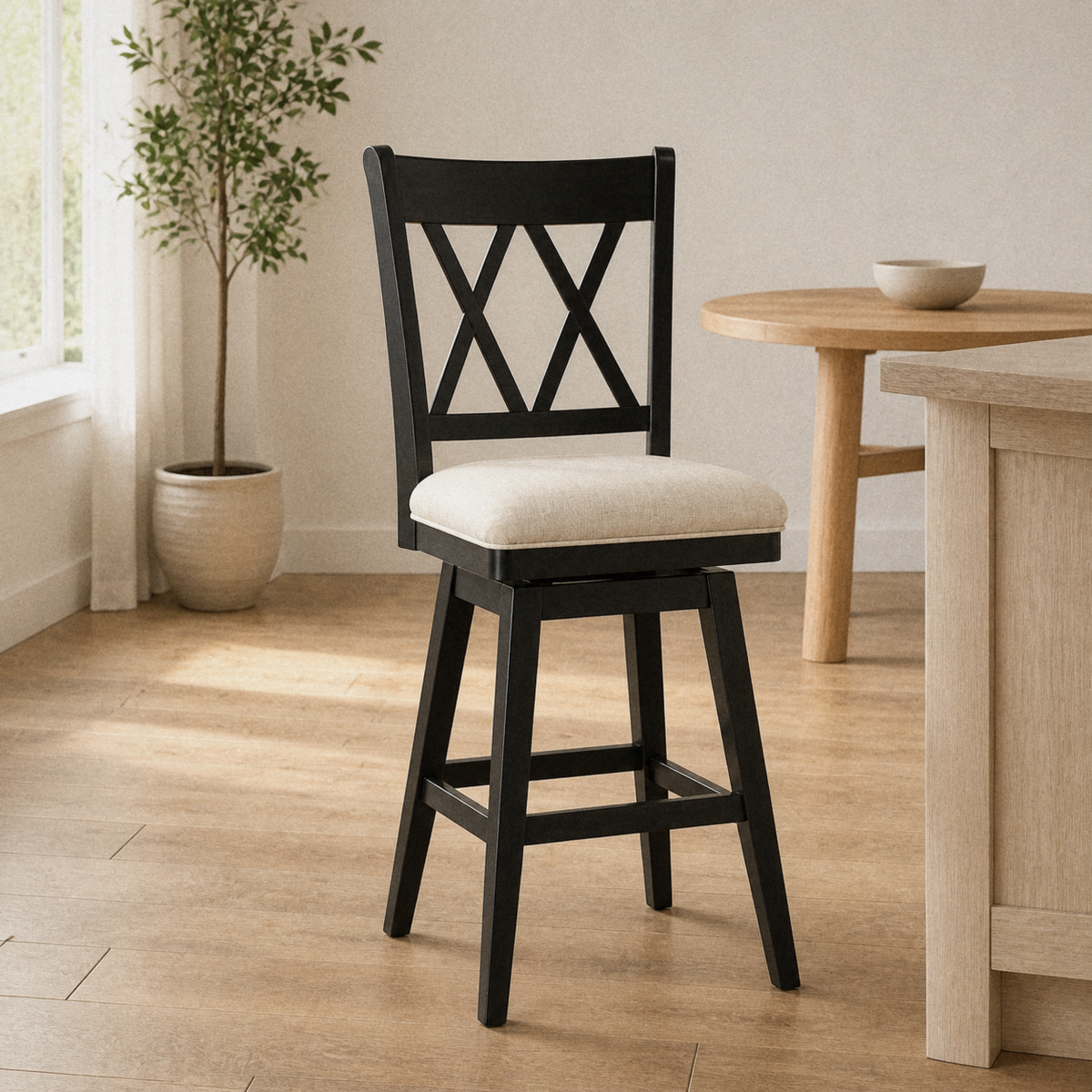 In a room | antique-black double-X swivel counter stool at a pale-oak island, beige seat, window at left