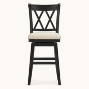 Front | antique-black swivel counter stool centered on paper, double-X back and beige seat