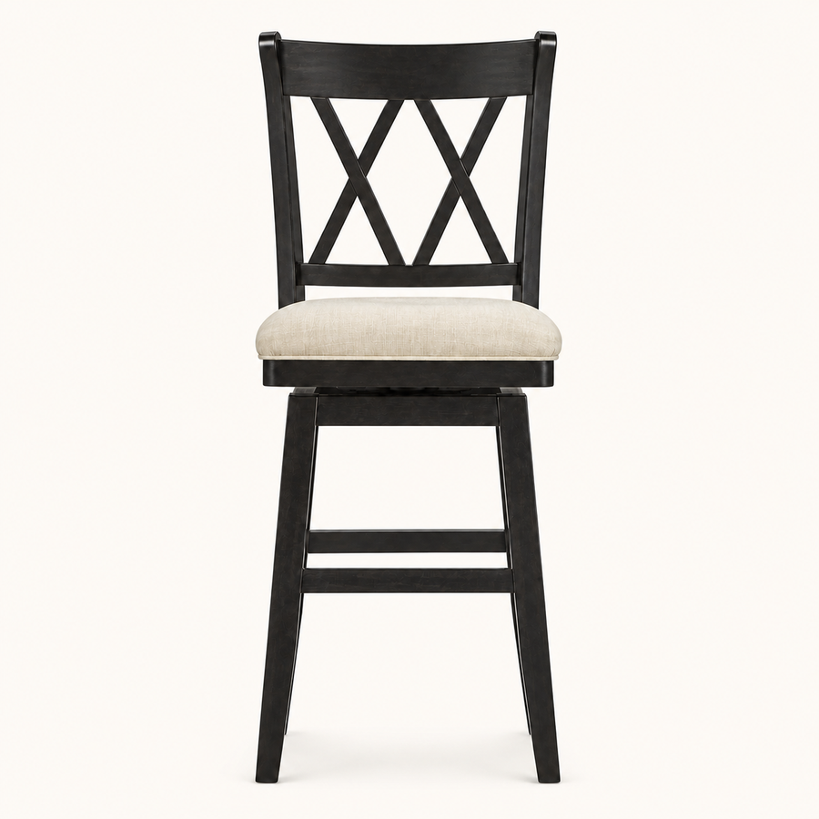 Front | antique-black swivel counter stool centered on paper, double-X back and beige seat