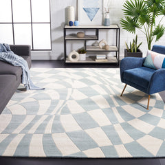 Geometric Area Rug, 7'6" x 9'6", Ivory and Blue with Wool and Viscose