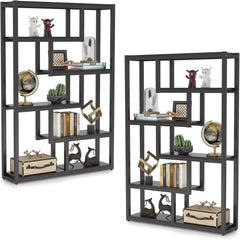 Geometric Bookcase Set, 2 Pieces, Black with Metal Frame