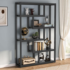 Geometric Bookcase Set, 2 Pieces, Black with Metal Frame