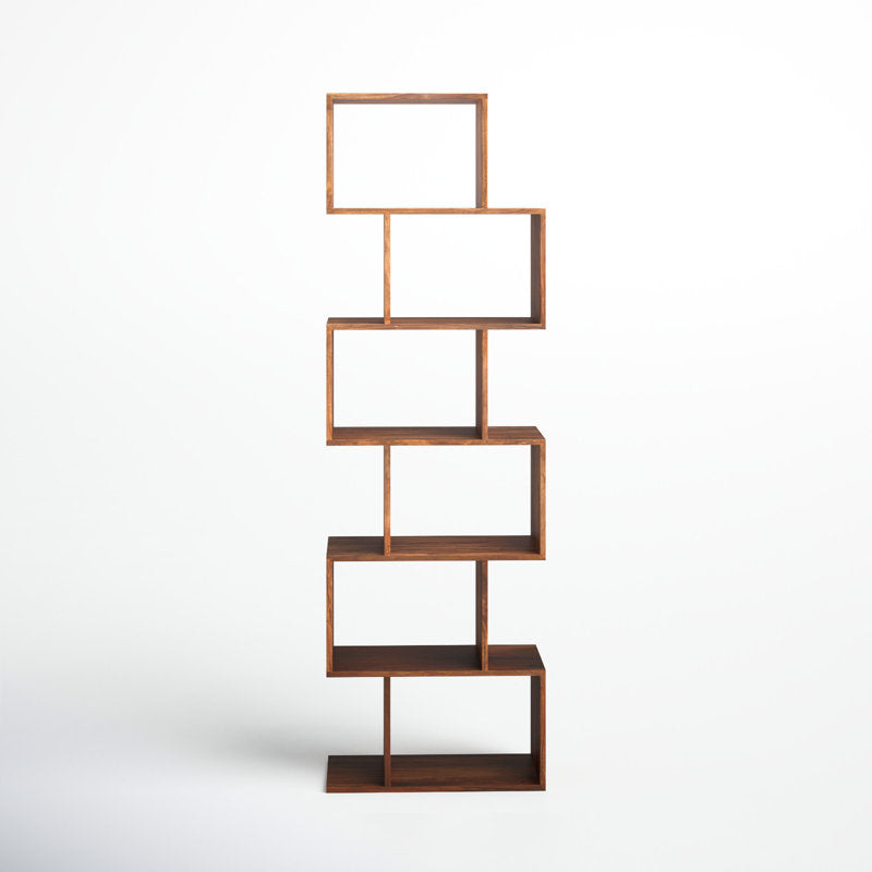 Geometric Bookcase with 6 Shelves in Brown Solid Acacia Wood