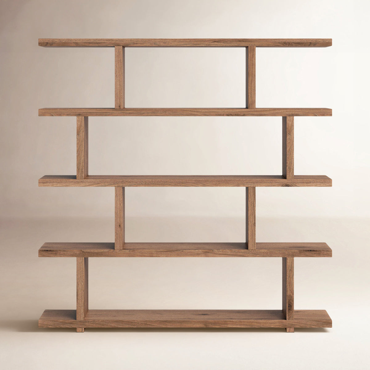 Geometric Bookcase with Four Shelf Tiers in Walnut Engineered Wood