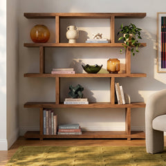 Geometric Bookcase with Four Shelf Tiers in Walnut Engineered Wood