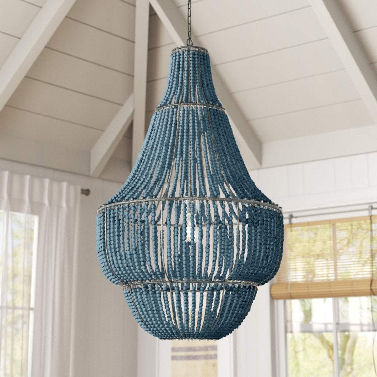 Geometric Pendant Light in Solid Wood and Metal, Blue