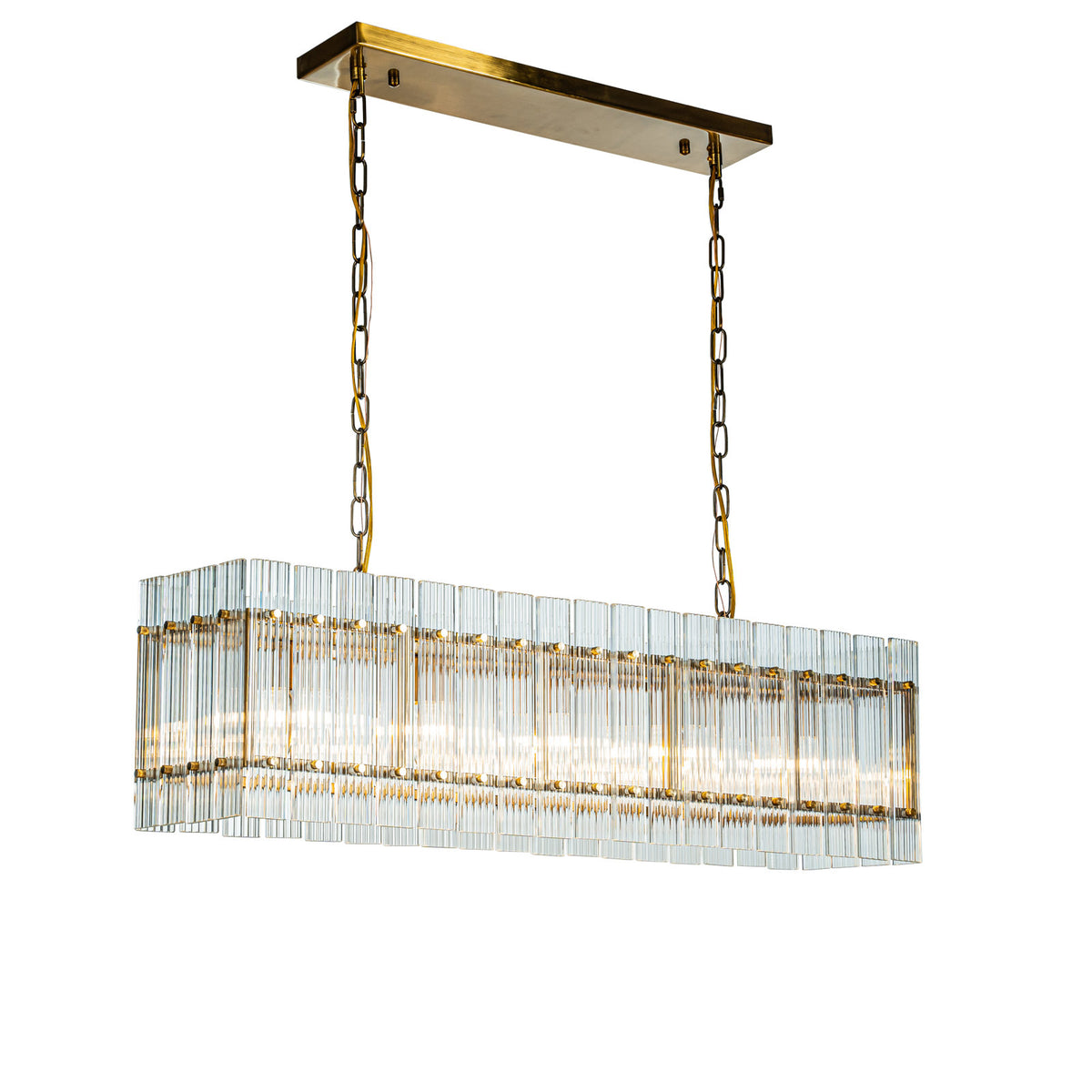 Glass Chandelier with 5 Lights, Rectangle Frame in Antique Gold
