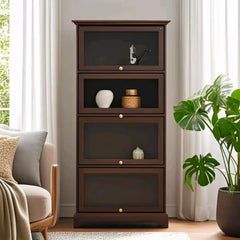 Glass Display Cabinet, 4 Tier with Flip-Up Glass Doors